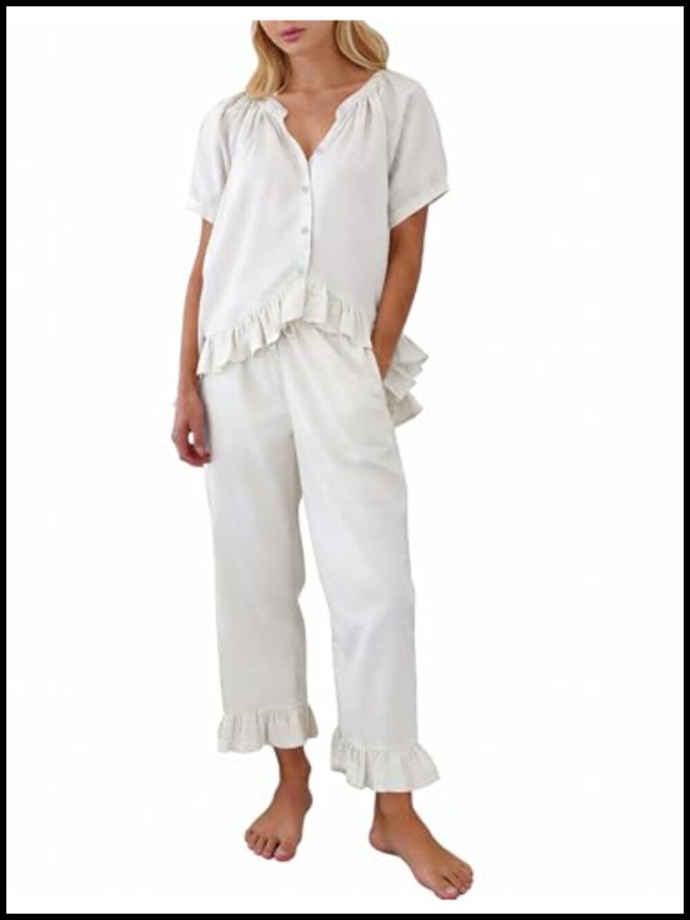 100% Cotton Ruffle Trim Pajama Set Women Short Sleeve Button Down Lounge